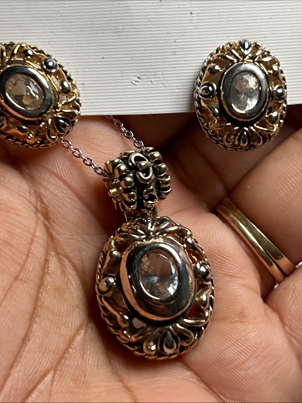 Sterling Silver-Tone Clear Stone Pendant & Earrings Set